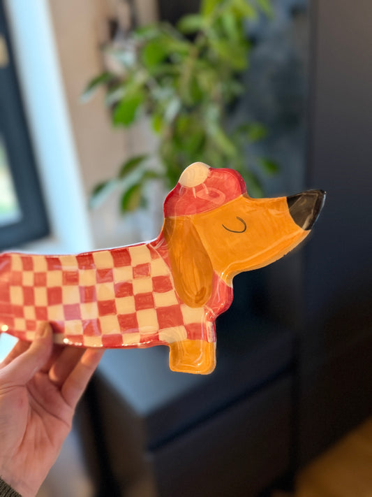 Teckels carreaux rouges